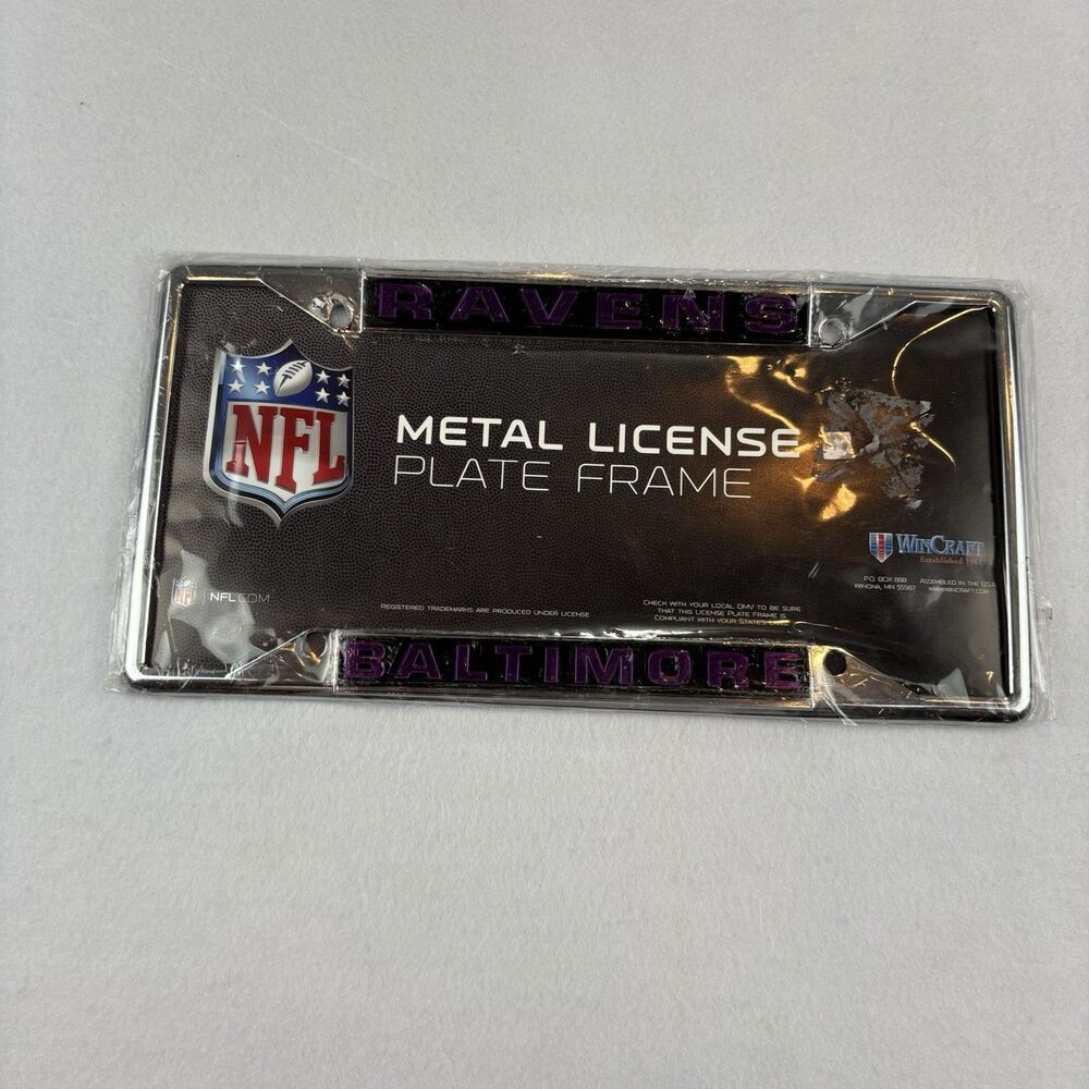Baltimore Ravens NFL License Plate Frame Metlic Silver Purple Letters New